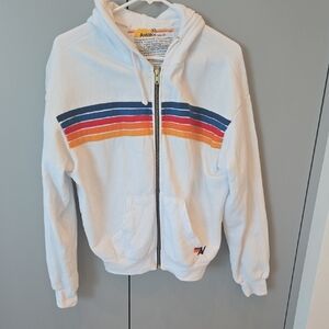Aviator Nation White Zip-Up Hoodie with Navy, Red, Orange & Yellow Stripes